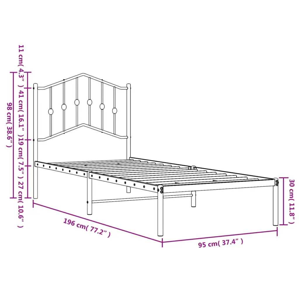 Metal Bed Frame 90x190 cm Black Powder-coated Steel Construction with Headboard and Underbed Storage Space