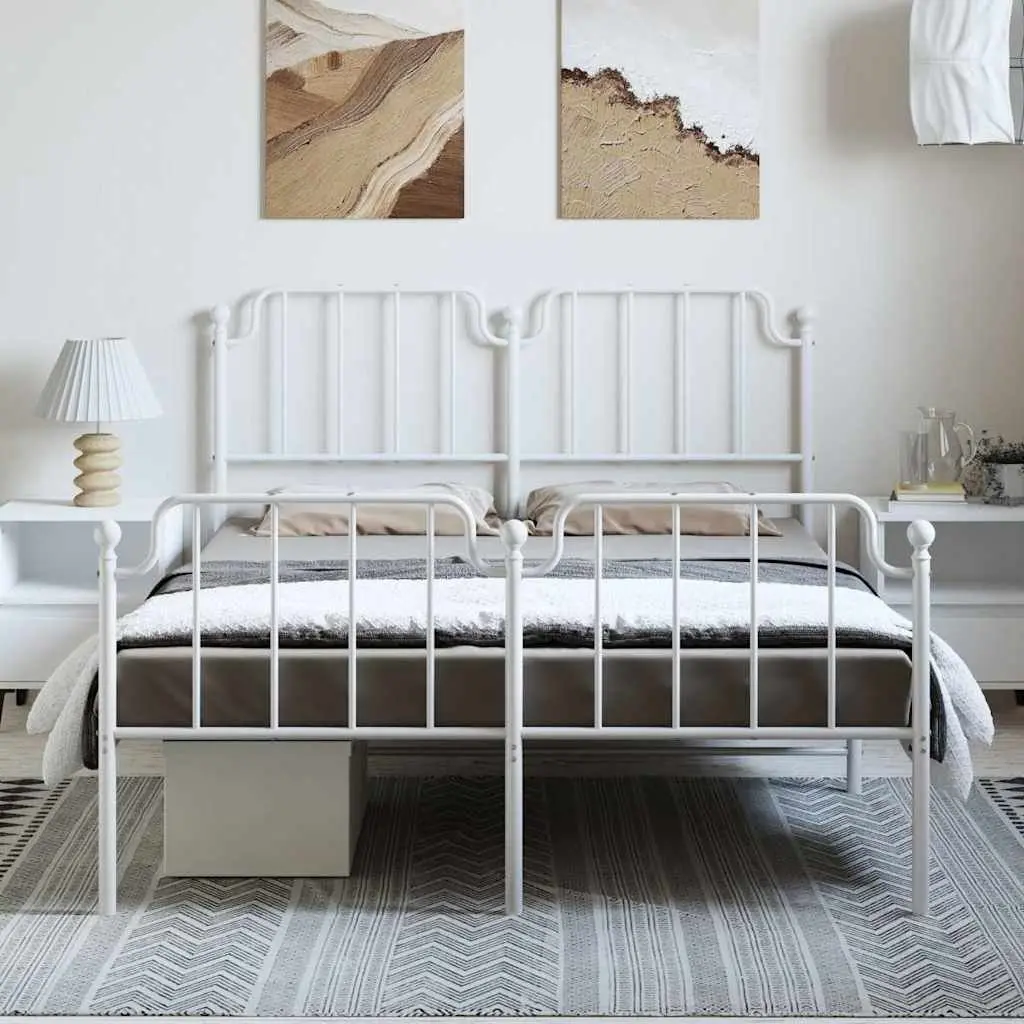 Metal Bed Frame 150x200 cm Powder-coated Steel Construction with Headboard and Footboard White