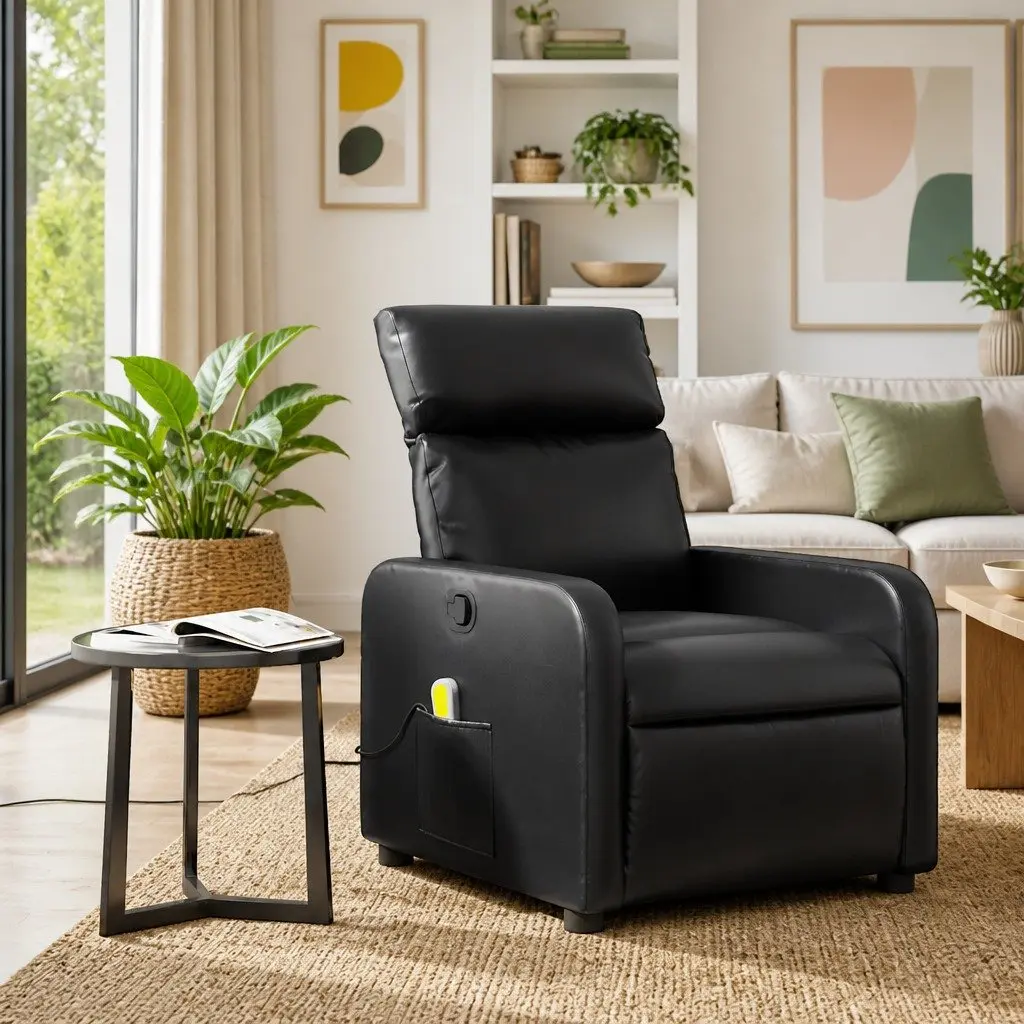 Massage Recliner Chair Black Faux Leather Manual Reclining with 6 Massage Points