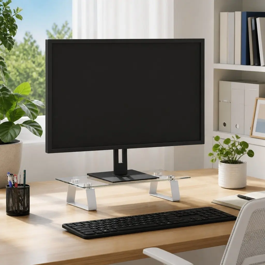 Monitor Stand White Tempered Glass Metal Ergonomic Riser Desk Organiser