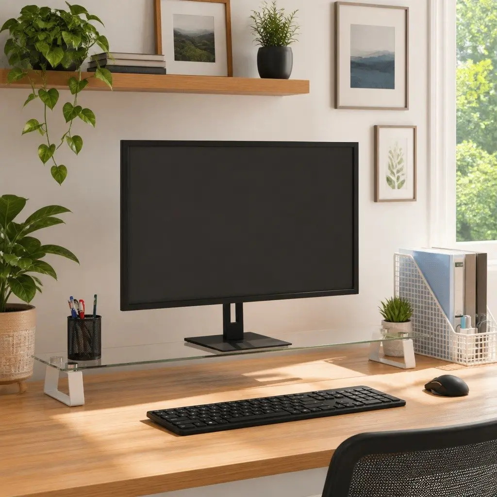 Monitor Stand White Tempered Glass Metal Desk Riser with Storage Space