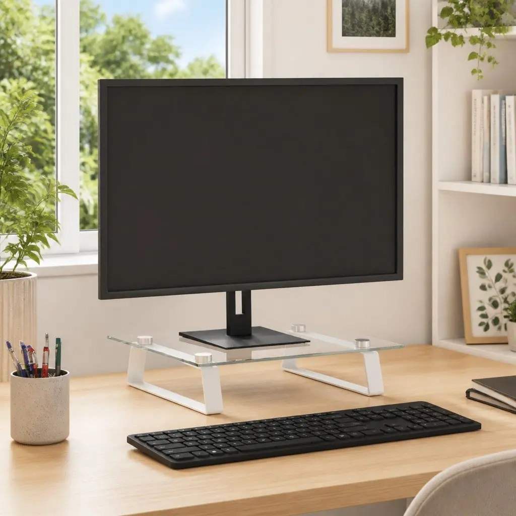 Monitor Stand White Tempered Glass Metal Computer Riser Desk Organiser Storage