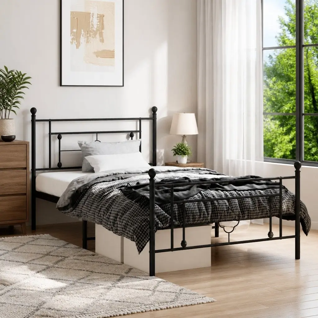 Metal Bed Frame King Single 107x203 cm with Footboard and Under-Bed Storage Space Black