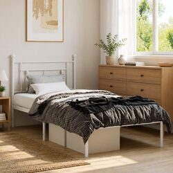 Stylish White Bed Frame with Headboard and Storage Space 90x190 cm