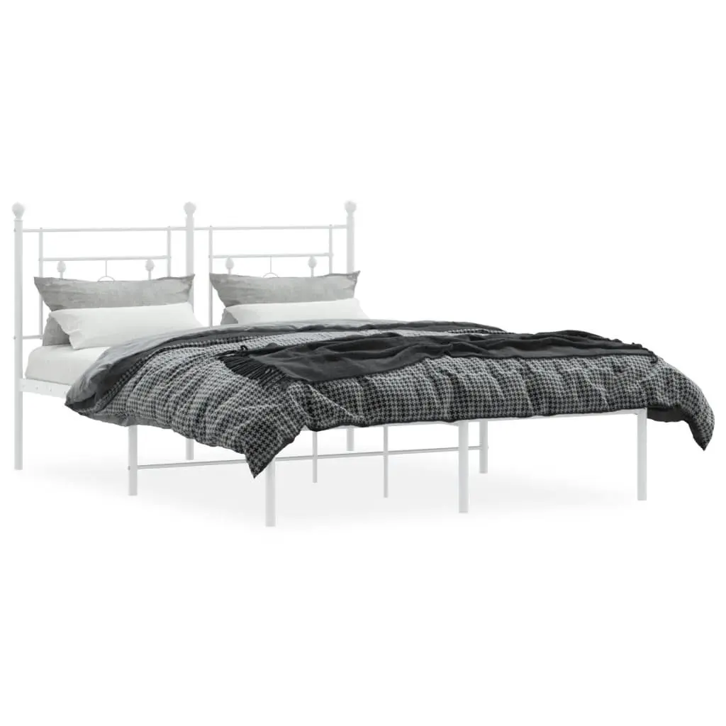 Metal Bed Frame 135x190cm White Powder-Coated Steel Slatted Base with Headboard