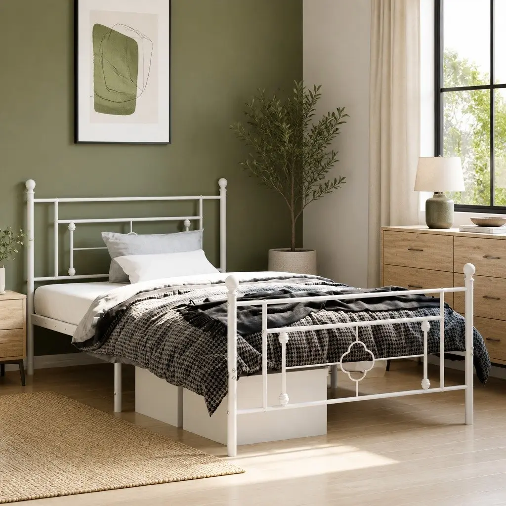 Metal Bed Frame King Single 107x203 cm White Powder-Coated Steel Construction with Storage Space Underneath