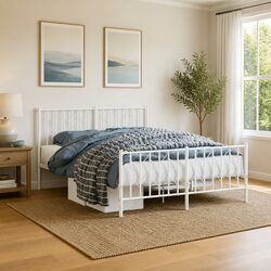 Metal Bed Frame 135x190 cm with Footboard Headboard White Steel Bedroom