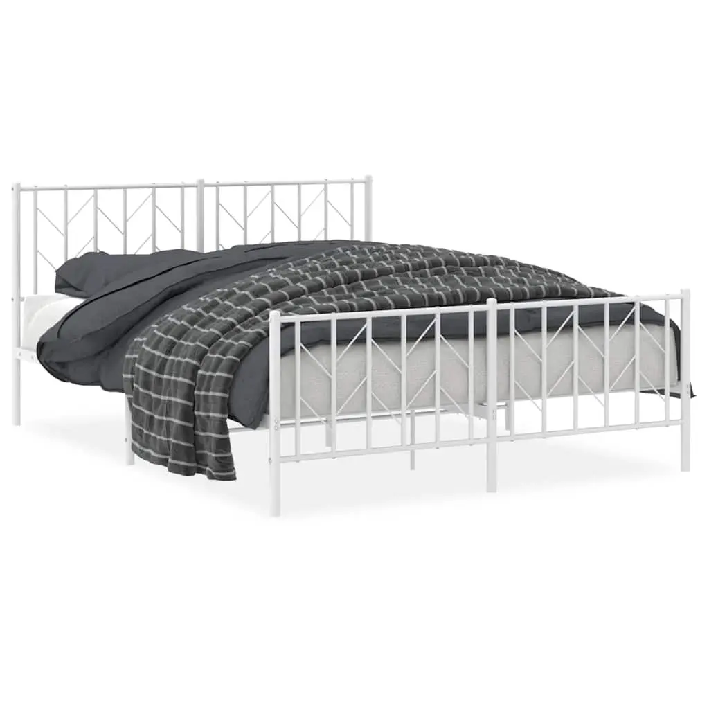 Metal Bed Frame 150x200 cm White with Footboard Storage Space Slatted Base