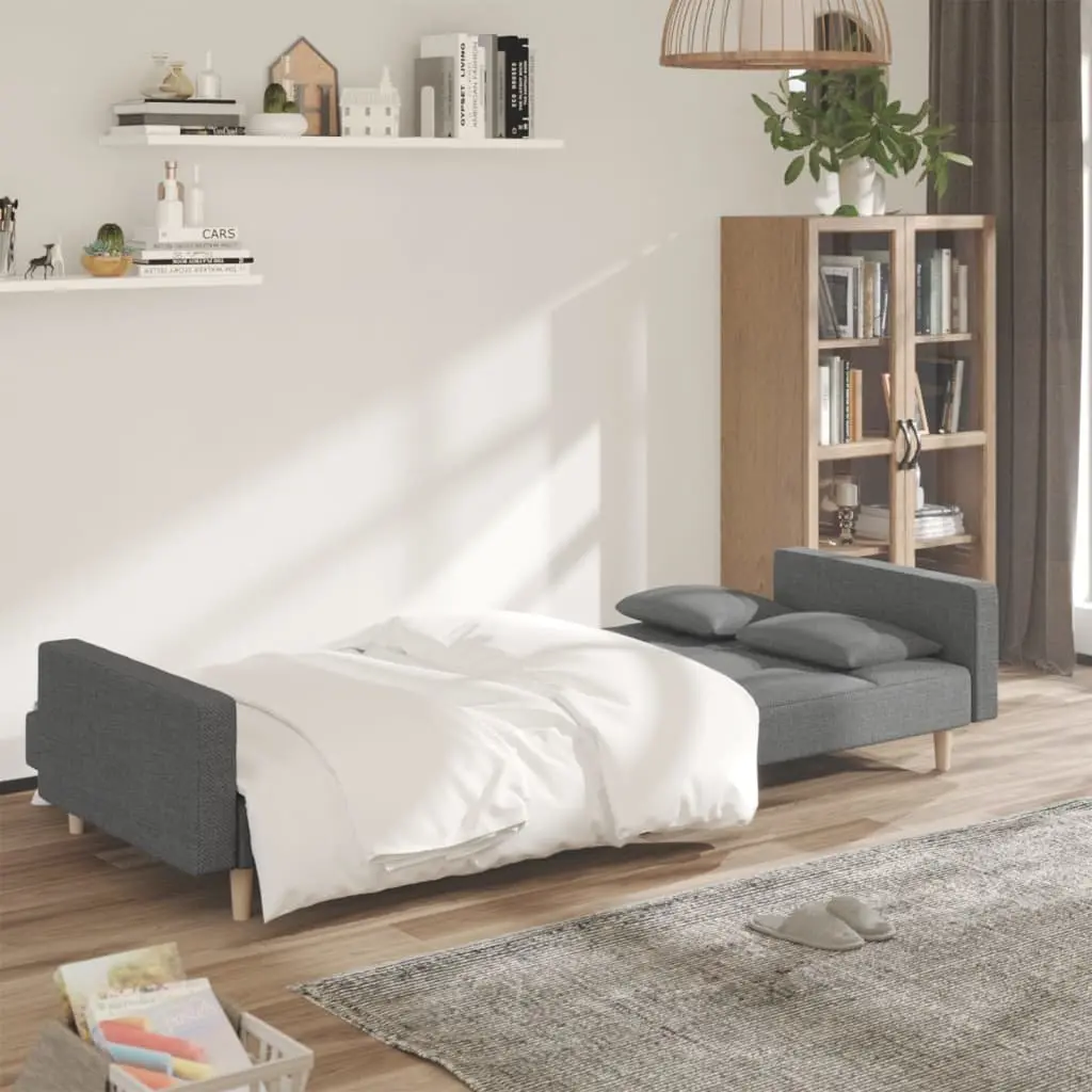 2-Seater Sofa Bed Light Grey Fabric Convertible Day Bed with Pillows