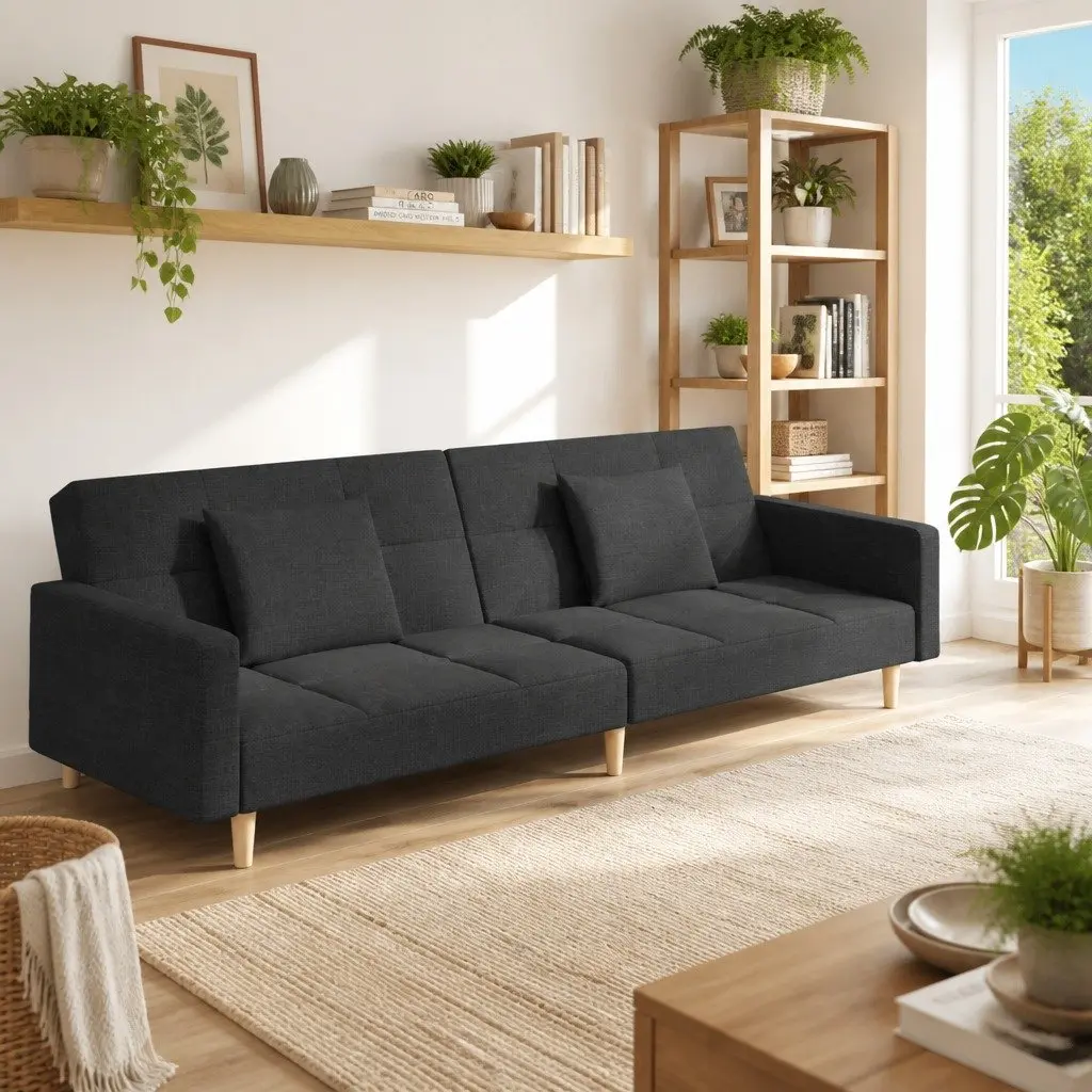 2-Seater Sofa Bed Grey Fabric Convertible Day Bed with Adjustable Backrests