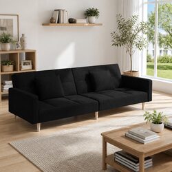 2-Seater Sofa Bed Black Fabric Convertible Day Bed with Pillows Living Room