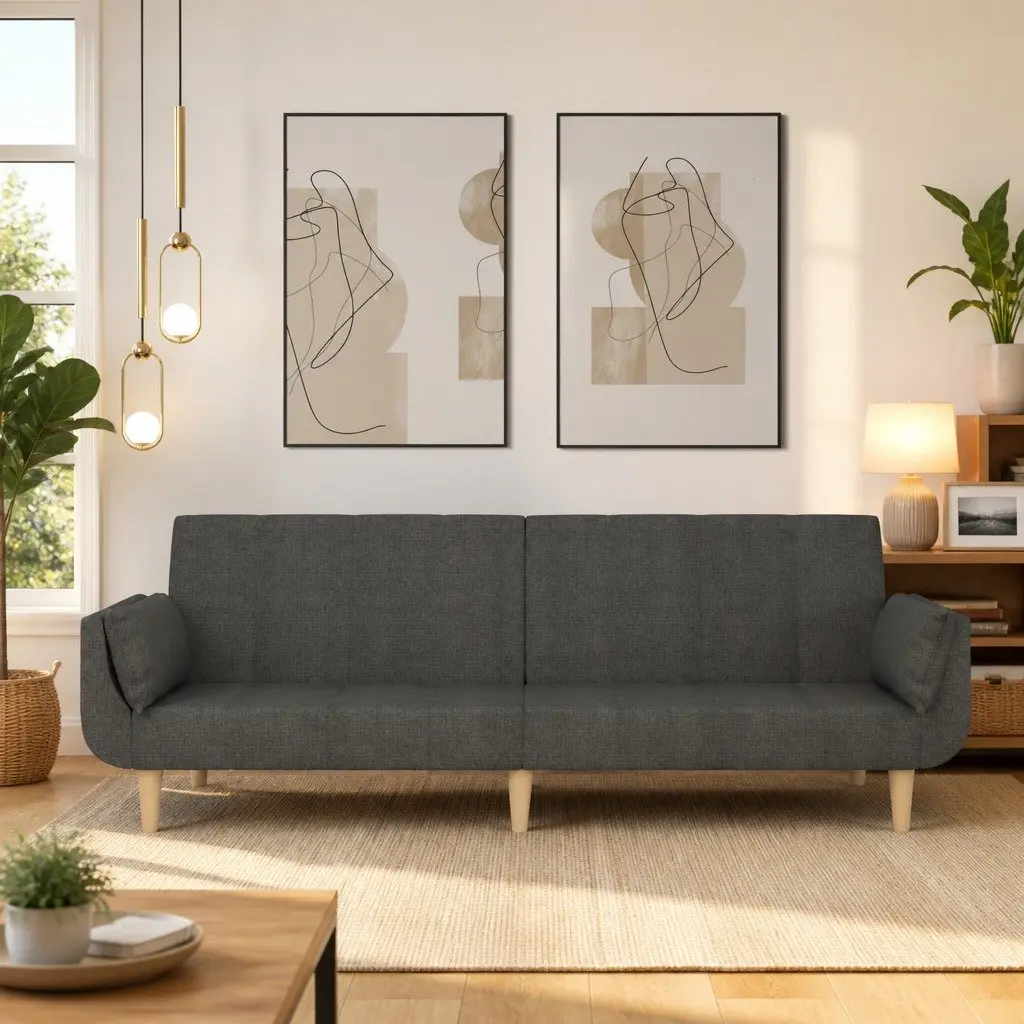 Convertible Sofa Bed 2-Seater Grey Fabric with Pillows Soft Breathable Upholstery