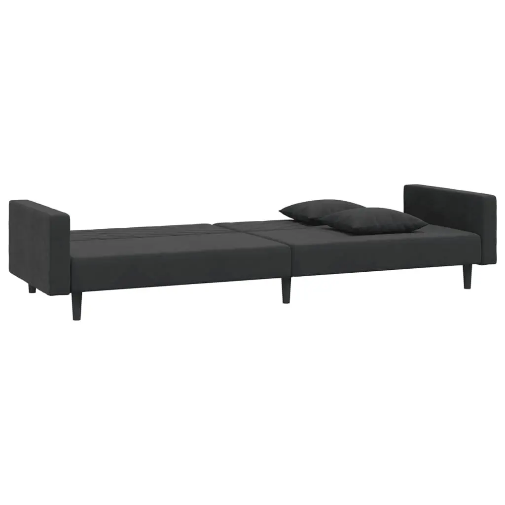 Convertible Sofa Bed Black Velvet 2-Seater with Two Pillows