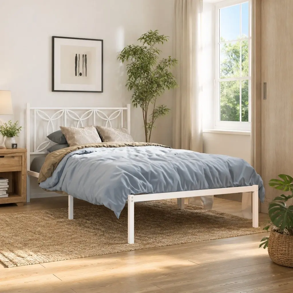 Metal Bed Frame King Single 107x203 cm White Slatted Base with Headboard and Underbed Storage