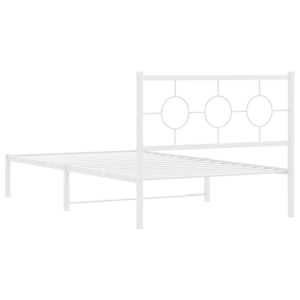 King Single Metal Bed Frame 107x203cm White with Headboard Slatted Base for Storage and Support