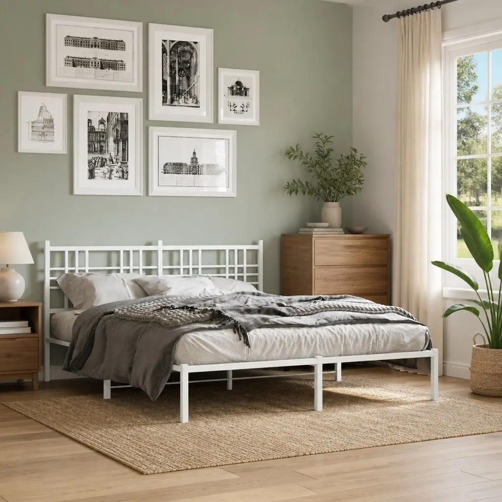 Metal Bed Frame 150x200 cm White Powder-coated Steel Headboard Platform
