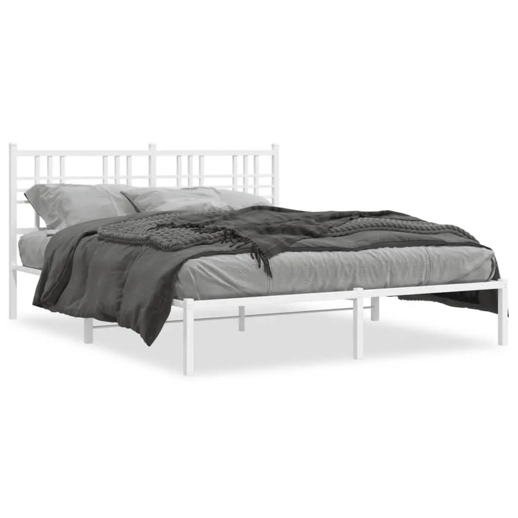 Metal Bed Frame 150x200 cm White Powder-coated Steel Headboard Platform