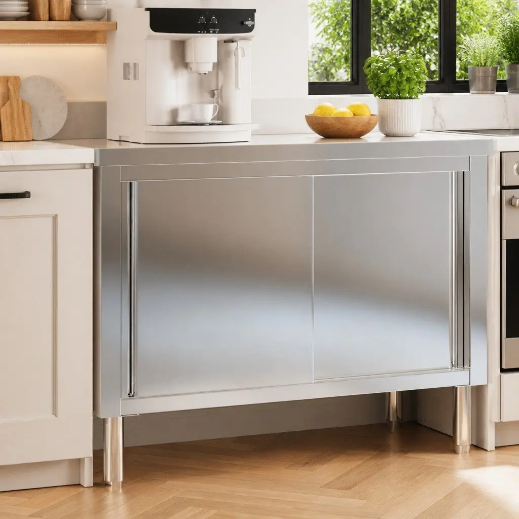 Stainless Steel Commercial Kitchen Work Table with Sliding Doors and Storage Shelf