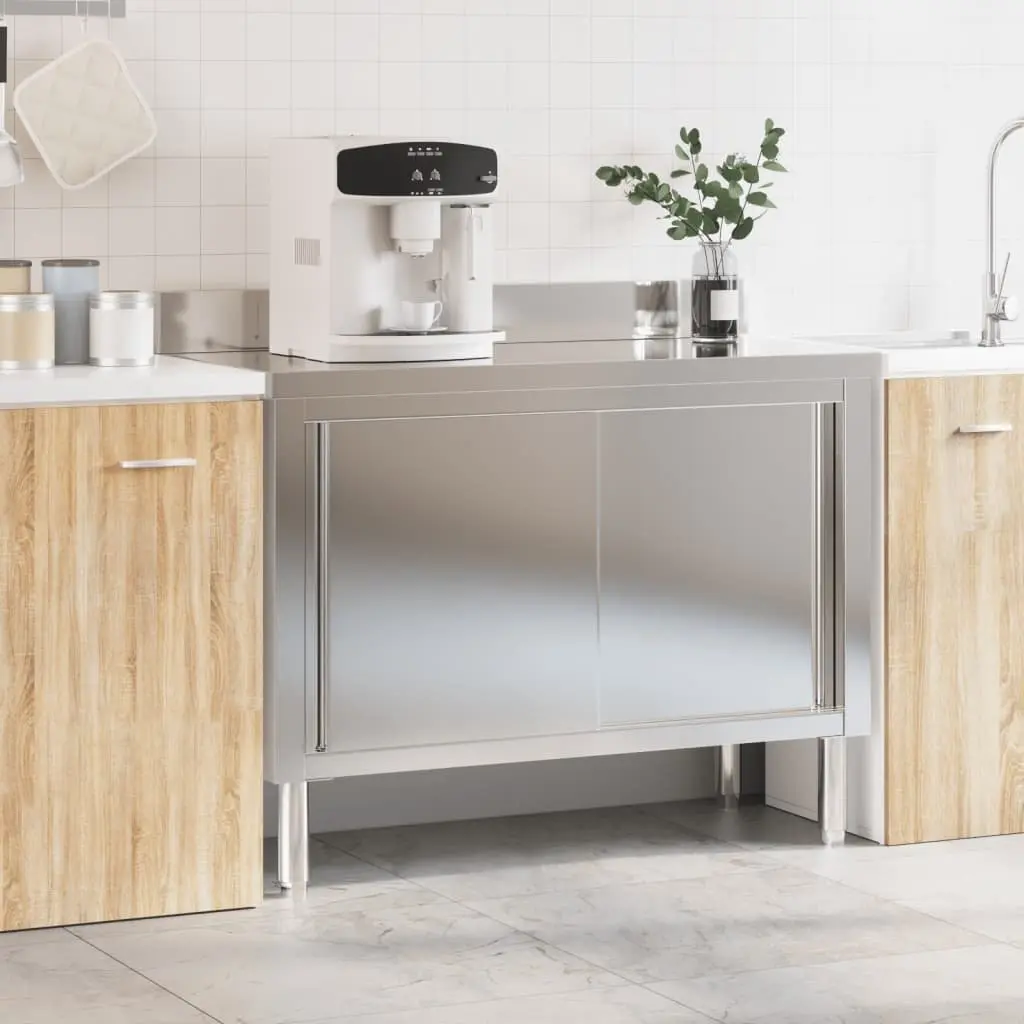 Stainless Steel Commercial Kitchen Work Table with Sliding Doors and Storage Shelf