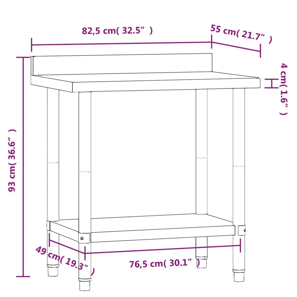 Stainless Steel Kitchen Work Table 82.5 x 55 x 93 cm with Backsplash and Bottom Shelf for Food Prep