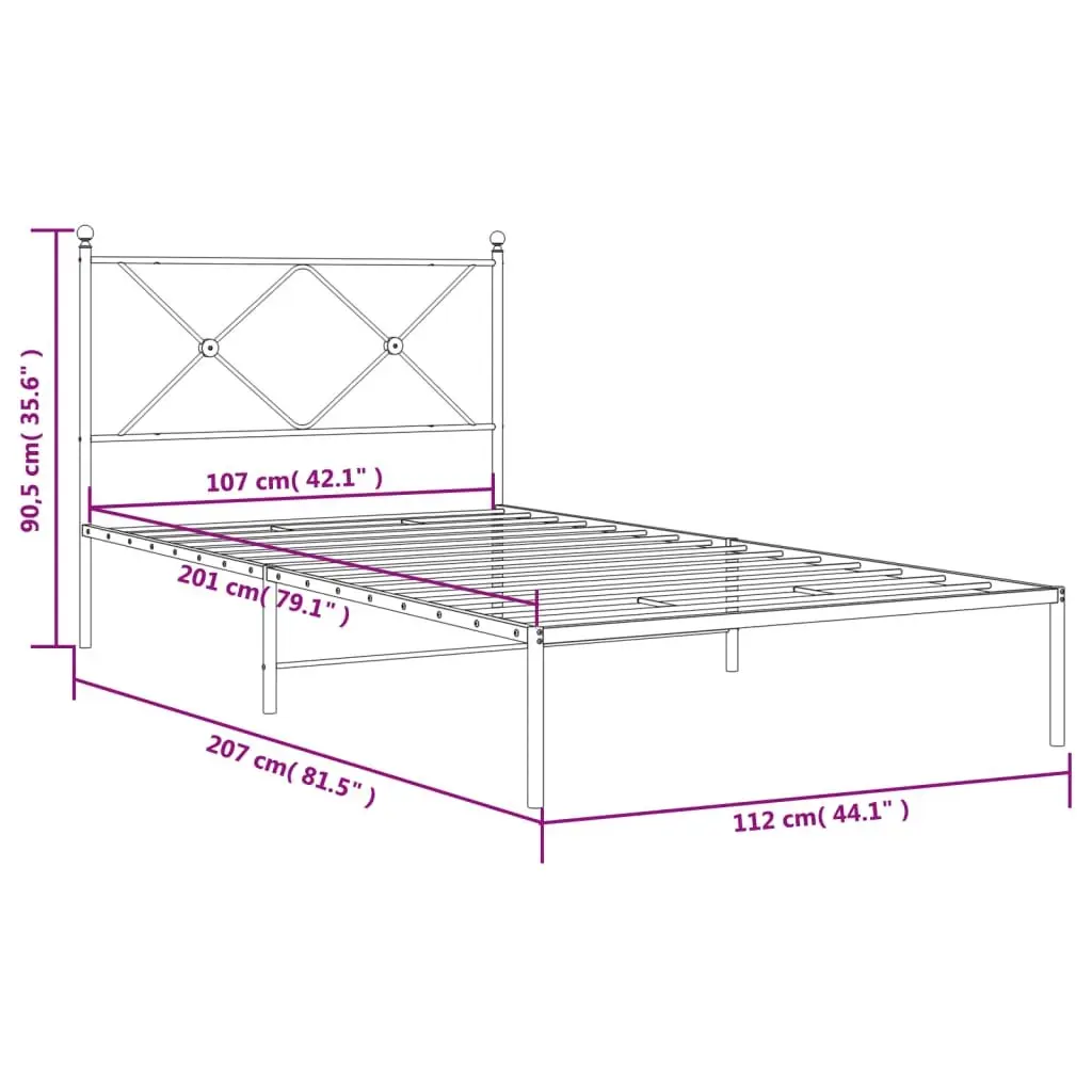 Metal Bed Frame King 107x203cm Black Powder-coated Steel Slats Headboard