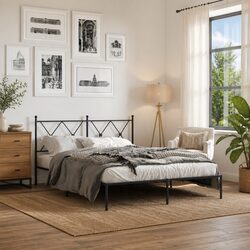 Black Metal Bed Frame 135x190 cm with Headboard for Your Space