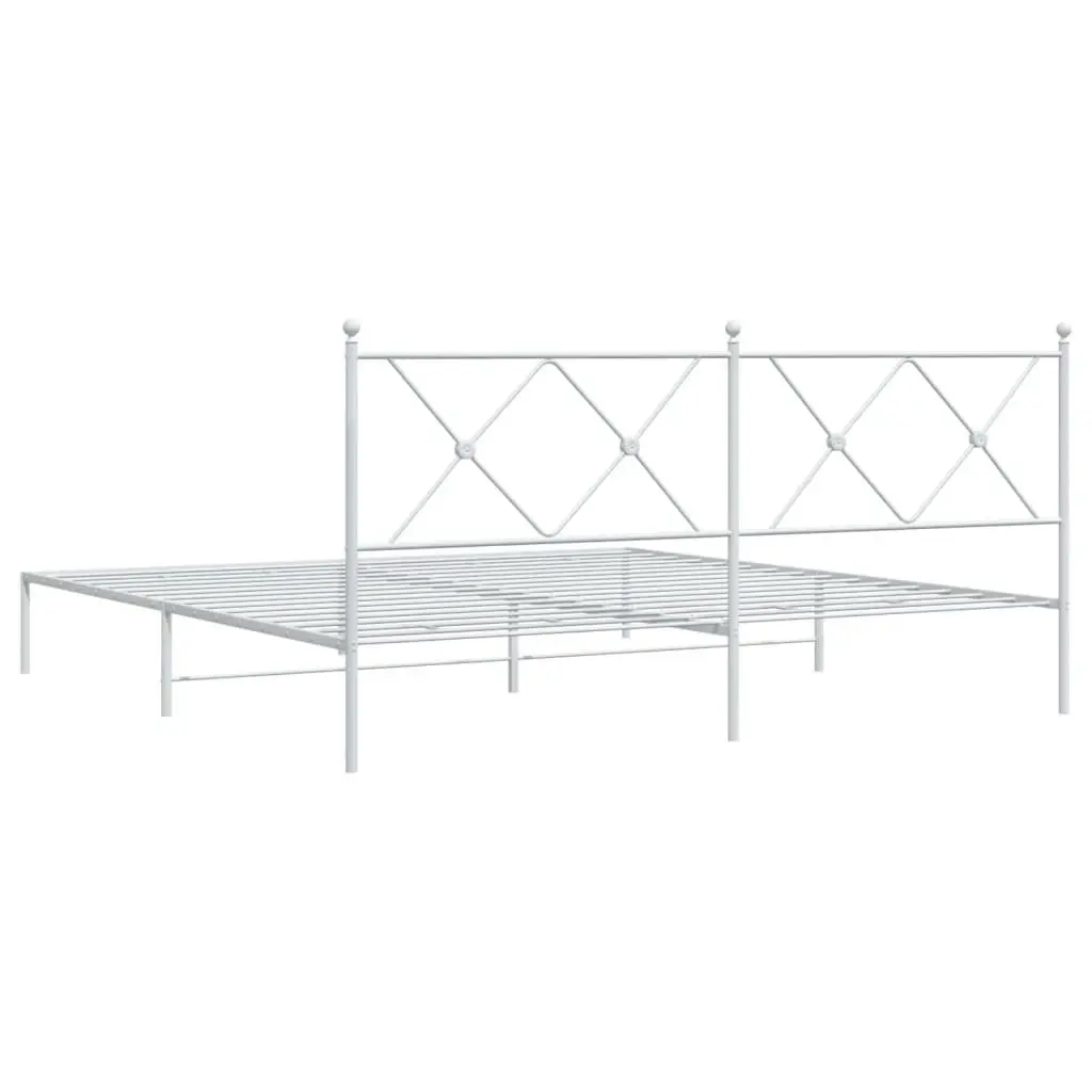 King Size Metal Bed Frame with Slatted Base and Integrated Headboard White 183x203cm