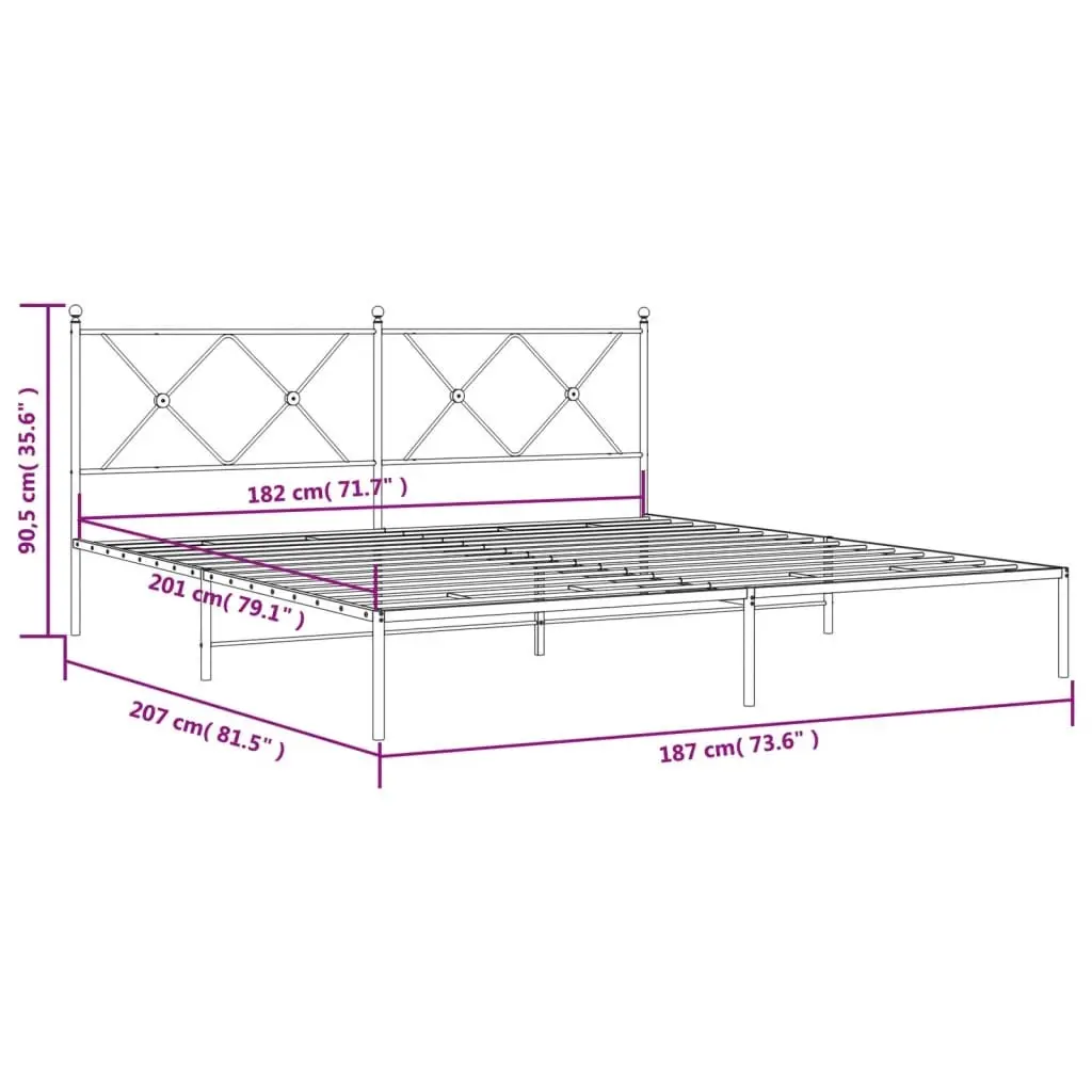 King Size Metal Bed Frame with Slatted Base and Integrated Headboard White 183x203cm