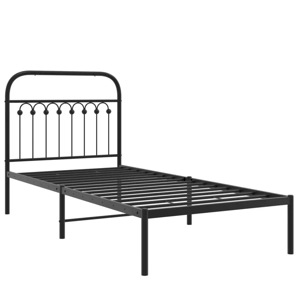 Metal Bed Frame 90x190 cm Black Sturdy Construction Slatted Base Headboard Storage
