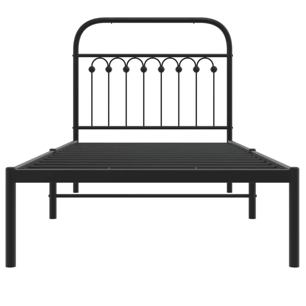 Metal Bed Frame 90x190 cm Black Sturdy Construction Slatted Base Headboard Storage