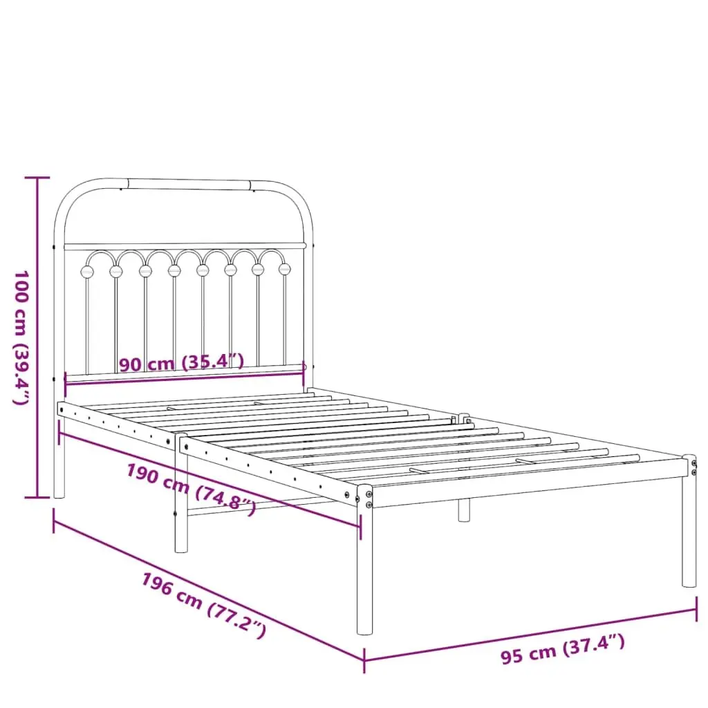 Metal Bed Frame 90x190 cm Black Sturdy Construction Slatted Base Headboard Storage