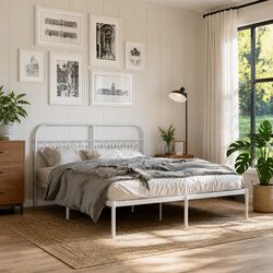Elegant White Metal Bed Frame with Storage 150x200 cm