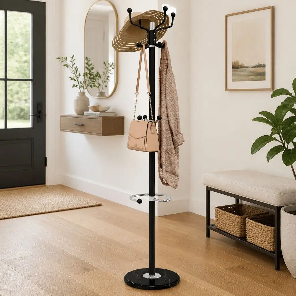 Coat Stand 180cm Powder-coated Iron Frame 12 Hooks Umbrella Holder Freestanding Storage