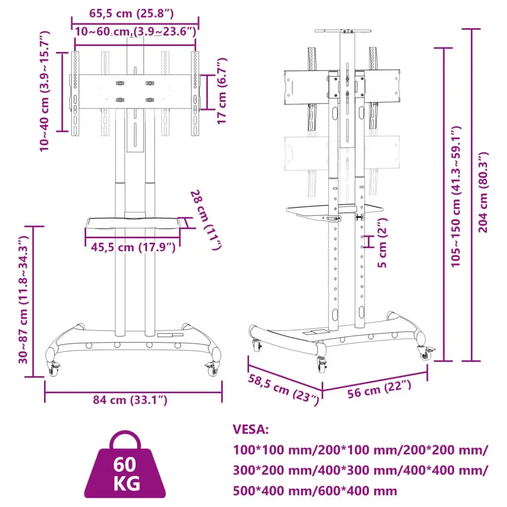 TV Stand on Wheels 32-70 Inch Height Adjustable Lockable Castors Heavy Duty Steel Frame