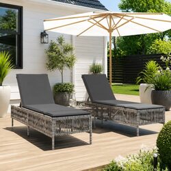 Sun Loungers Set 2 pcs Grey Outdoor Garden Furniture with Table Adjustable