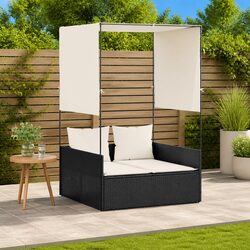 Double Sun Lounger with Roof Curtains Outdoor Garden Furniture Black Rattan