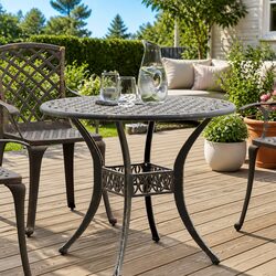 Round Brown Outdoor Garden Table with Umbrella Hole