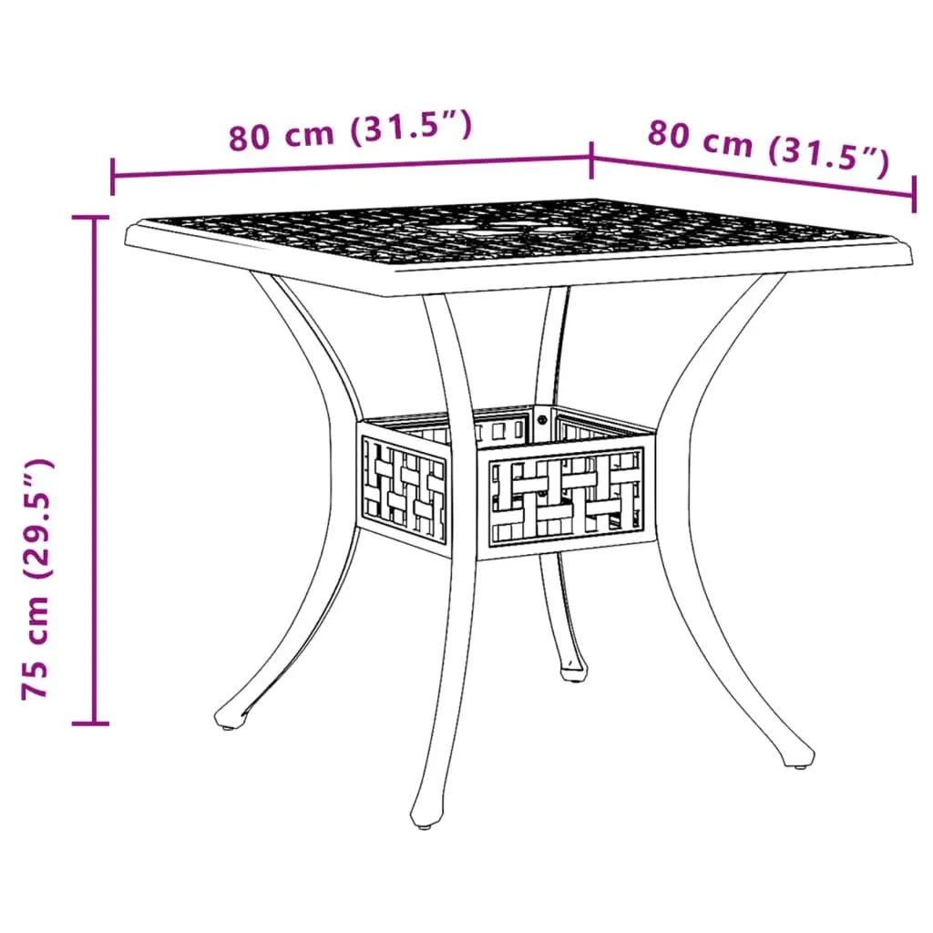 Garden Table 80x80x75cm Brown Cast Aluminium Outdoor Patio Furniture with Umbrella Hole