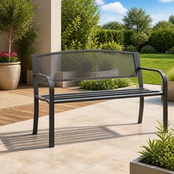 Garden Bench 119cm Black Steel Frame Outdoor Seating Patio Armrest Backrest