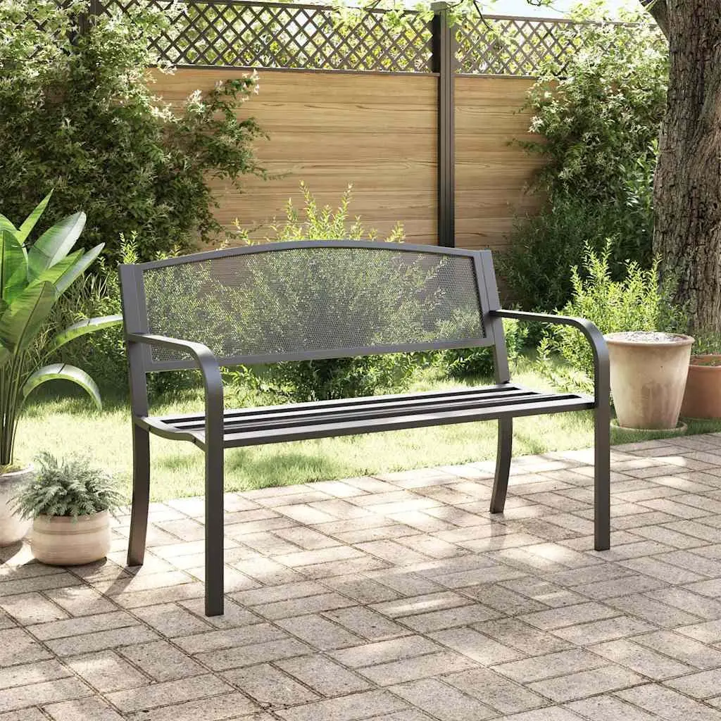 Garden Bench 119cm Black Steel Frame Outdoor Seating with Backrest and Armrests