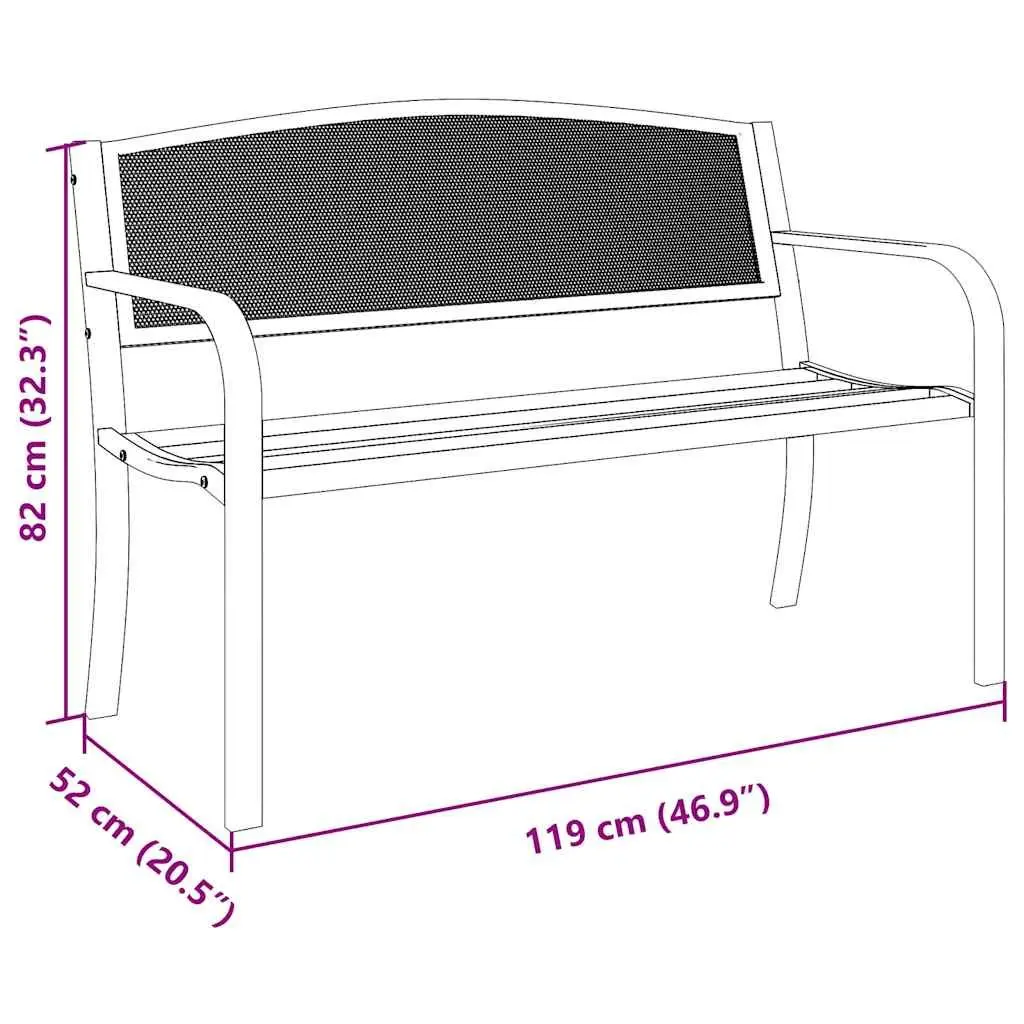 Garden Bench 119cm Black Steel Frame Outdoor Seating with Backrest and Armrests