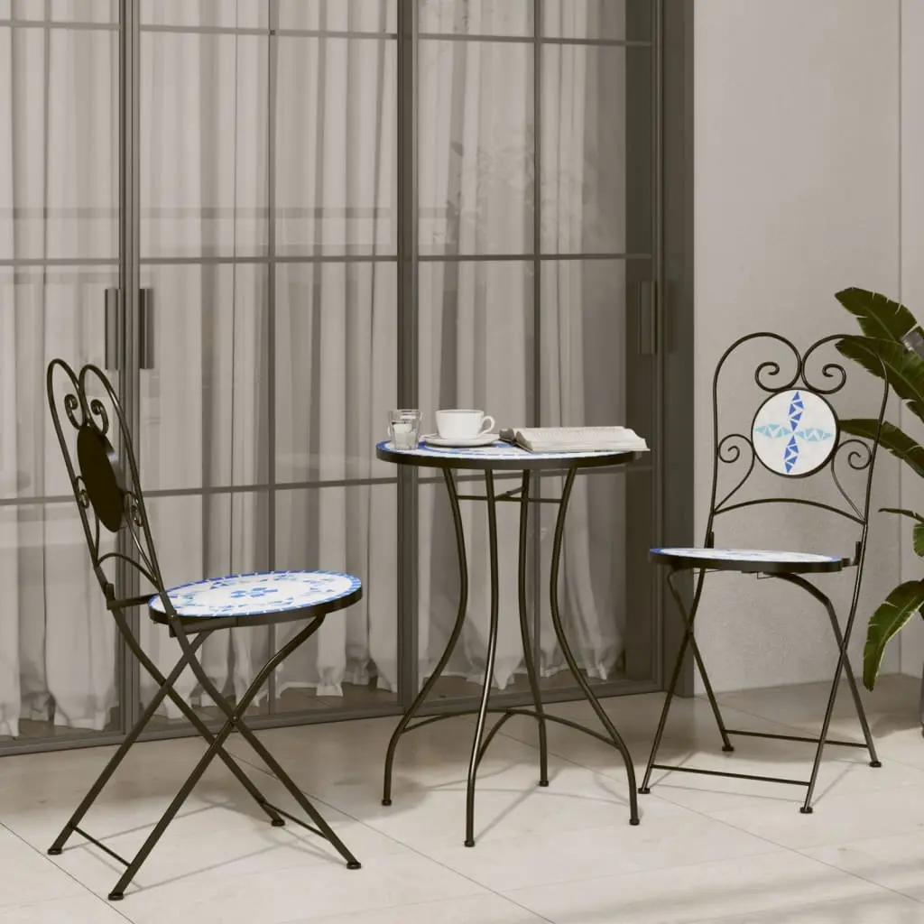 Outdoor Bistro Chairs Foldable 2 pcs Mosaic Design Garden Patio Seating Blue