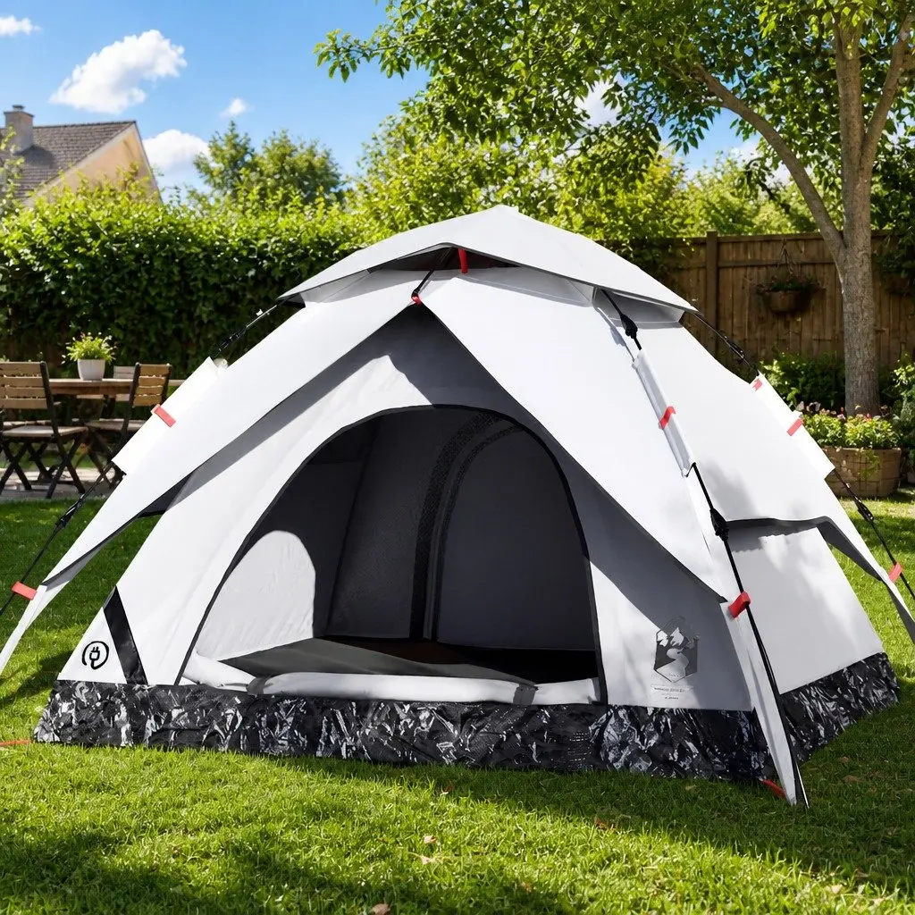 Camping Tent Dome 4-Person White Blackout Fabric Waterproof Quick Release Setup