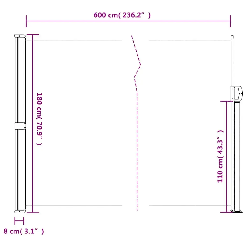 Retractable Side Awning 180 x 600 cm Outdoor Privacy Screen Water and UV Resistant Fabric
