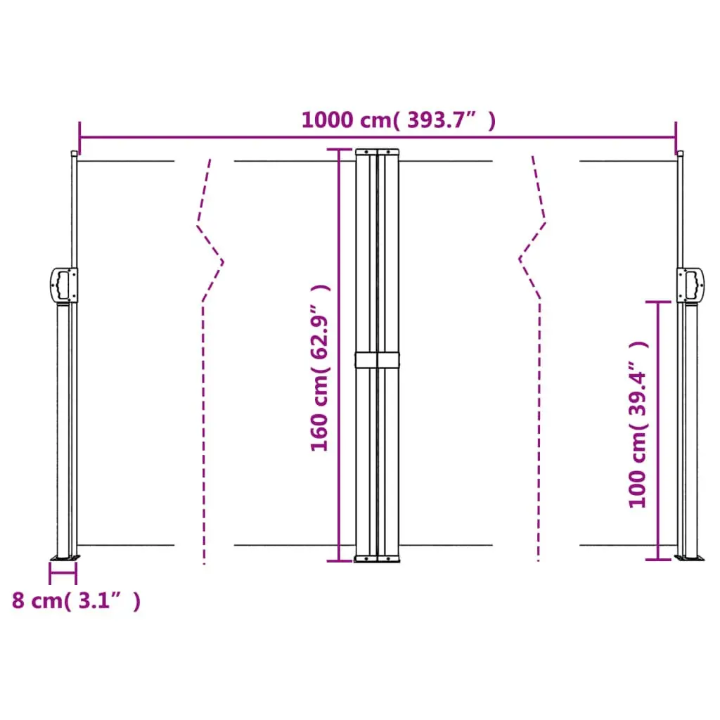 Retractable Side Awning 160x1000cm Black Water and UV Resistant Garden Privacy Screen