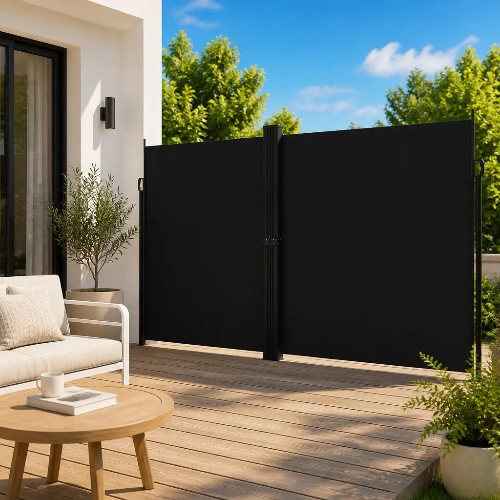 Retractable Side Awning Screen 220x1200cm Black Water and UV Resistant Garden Patio Privacy Shade Panel