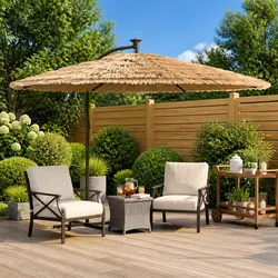 Garden Parasol with LED Lights Steel Pole Outdoor Sunshade Brown 246x246x230cm
