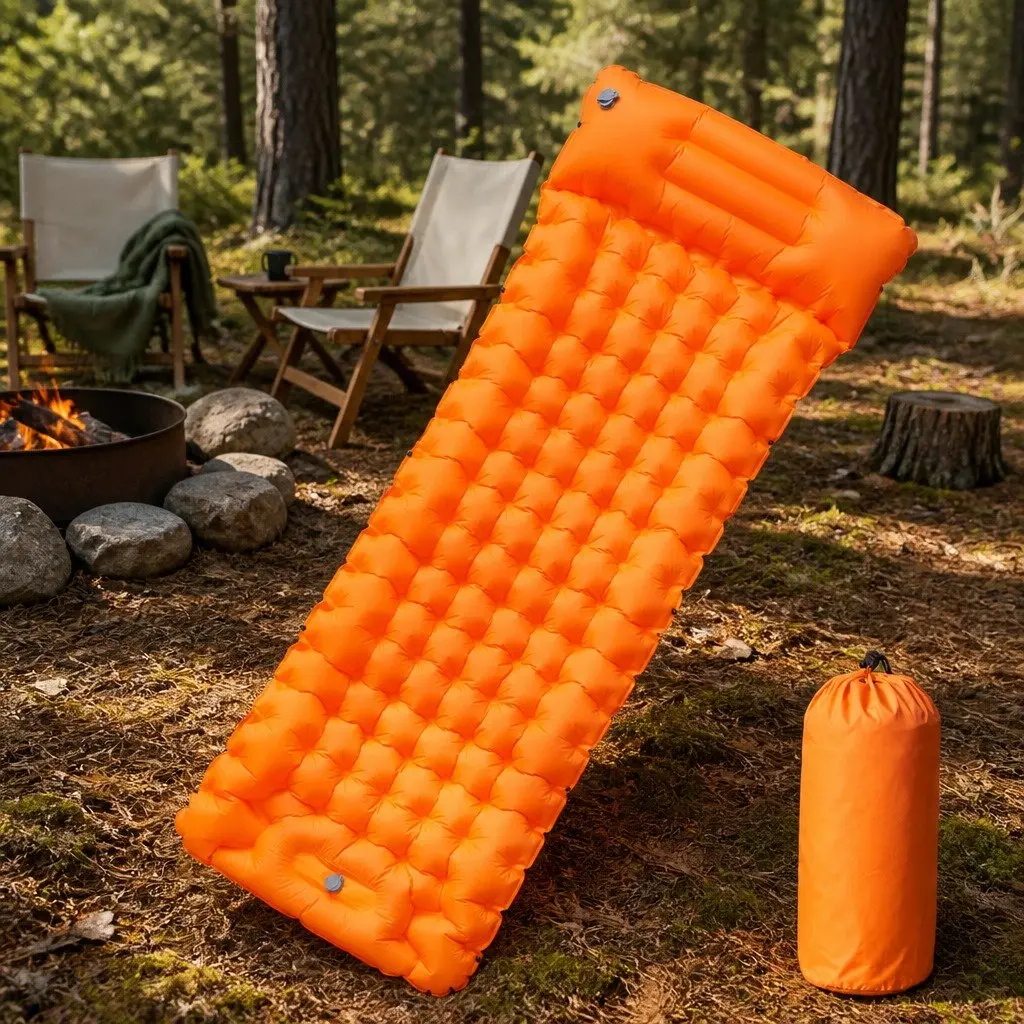 Self Inflating Camping Mattress Single 10.5 cm Thick with Integrated Pillow and Foot Pump Orange