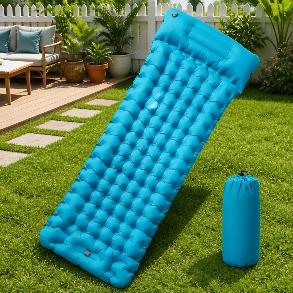 Self Inflating Camping Mattress 1-Person with Integrated Pillow and Foot Pump Blue