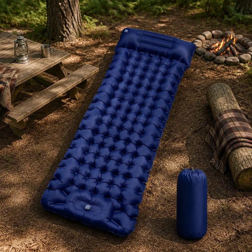 Self Inflating Camping Mattress Single Person with Integrated Pillow Blue